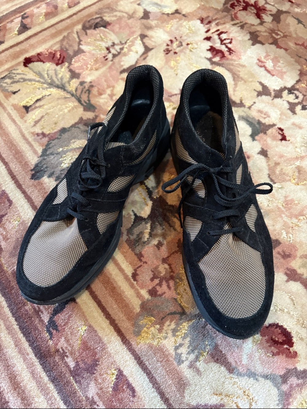 Women’s black suede and camel fabric lace up sneakers